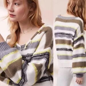Lou & Grey Striped Oversized Balloon Sweater Fringe Large